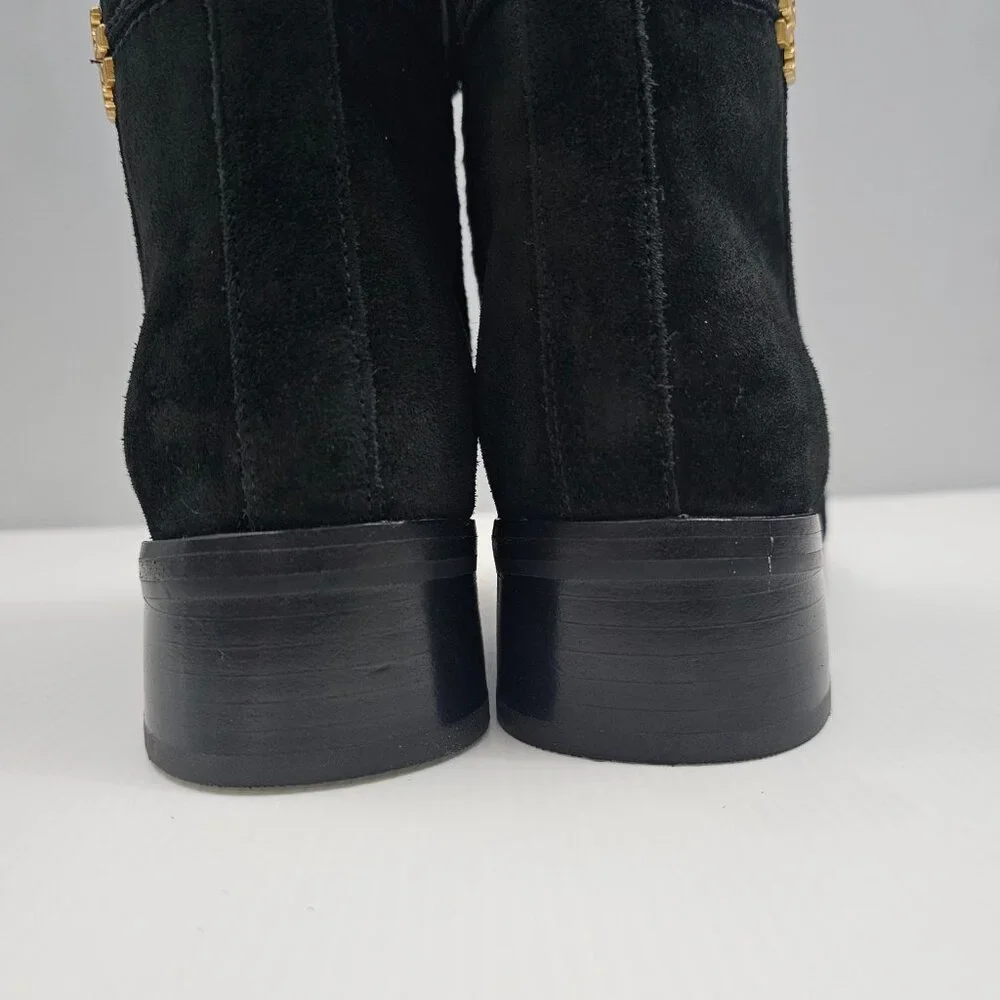 Tory Burch Everly Ankle Boot Womens 7.5 Black Suede Gold Logo Luxury Designer - Picture 9 of 16